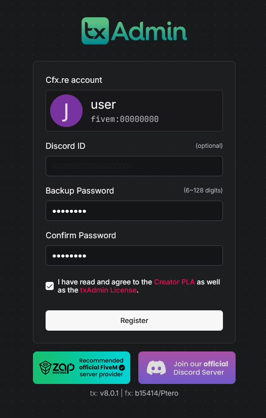 txAdmin Register